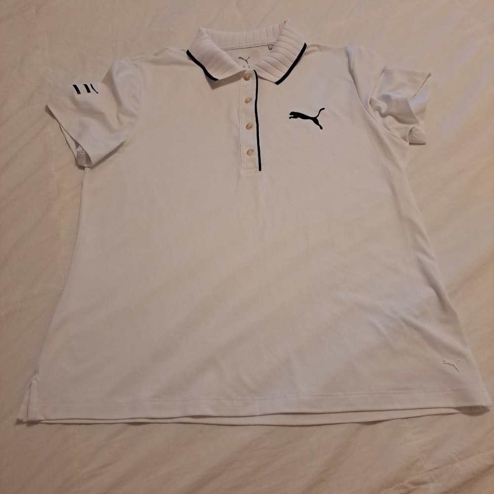 Puma White Womens Cloudspun Bridges Short Sleeve Golf Polo Navy Sz M EUC